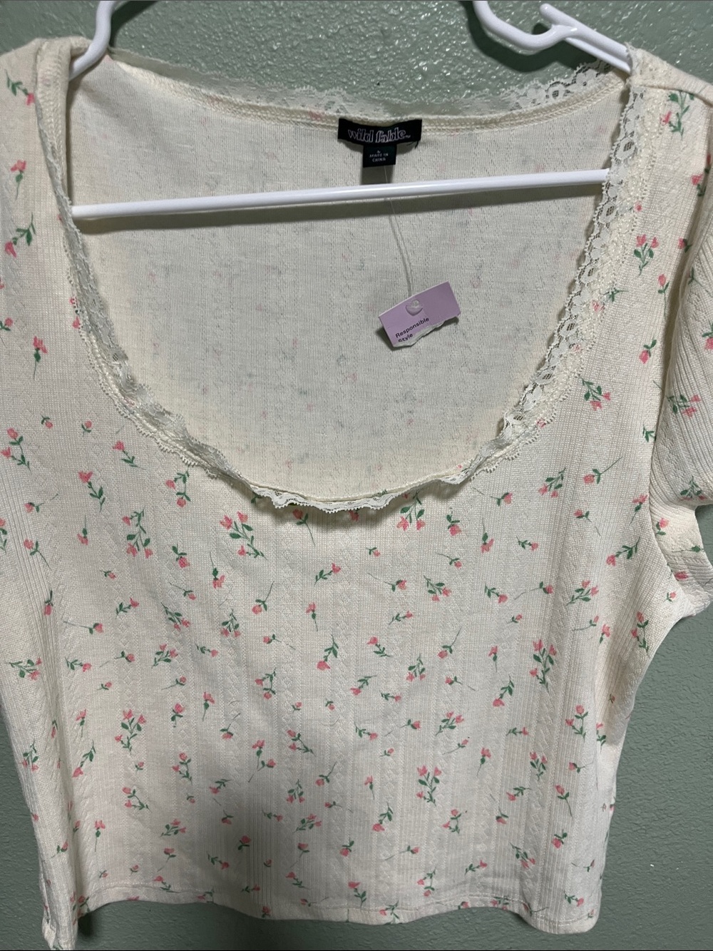 wild fable Cream Ribbed Tee with Pink Floral Print and Lace Trim